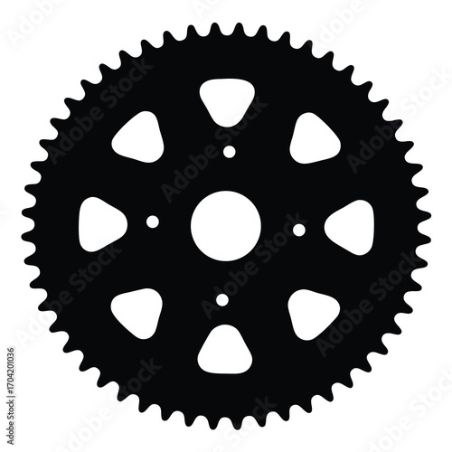 Black bicycle sprocket, designed for power and efficiency in transmitting motion, isolated