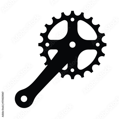 Isolated black and white bicycle crankset with pedal arm on white background