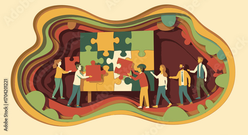 Paper-cut style illustration of a diverse team of colleagues working together to assemble a large, colorful jigsaw puzzle, symbolizing collaboration and problem-solving.