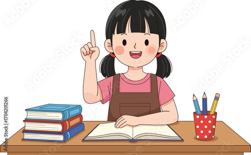 Cartoon schoolgirl studying at desk with books, pencils, open book, smiling expression, education concept, flat design, vector art, CAD drawing illustration