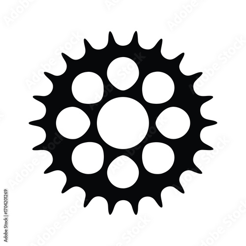 Black and white illustration of a gear with seven inner circles