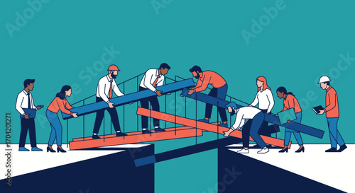 A diverse team of professionals collaborates to build a bridge over a gap, symbolizing teamwork, connection, and problem-solving.