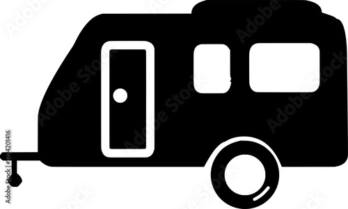Black and white caravan or travel trailer silhouette icon symbolizing camper van camping and outdoor travel.