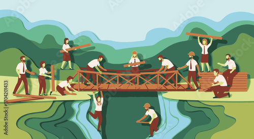 A diverse team of business professionals collaborates to build a wooden bridge over a chasm, symbolizing teamwork, connection, and overcoming obstacles.