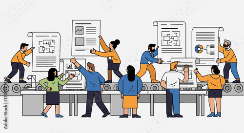 Diverse team collaborating on a production line, assembling business reports, charts, and project plans.