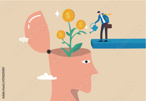 Financial mindset for investor to growing profit, rich mindset or knowledge to grow business, psychology or knowledge for investment concept, businessman watering plant with money from human head.