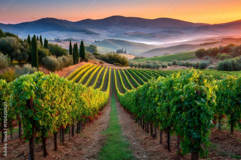 Fototapeta premium Vineyards covering rolling hills in tuscany at sunrise, creating an idyllic italian landscape