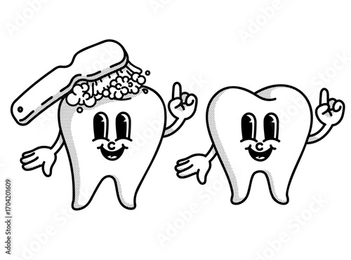 Smiling retro mascot teeth. Toothbrush cleans tooth with toothpaste. Dentistry icon, dentist logo. Hand up, finger up