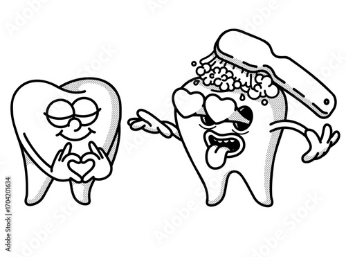 Smiling retro mascot teeth. Toothbrush cleans tooth with toothpaste. Dentistry icon, dentist logo. Love gesture. Eyes like hearts