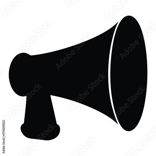 Black and white silhouette graphic of a traditional megaphone speaker