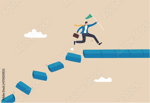 Survive and success in crisis, taking risk to thrive and succeed, courage or confidence to achieve target, effort to overcome challenge concept, businessman jumping on collapse bridge to reach target.