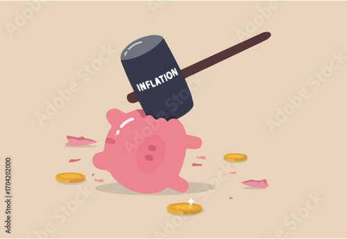 Inflation causing money value decreased or recession make stock market crash, pension fund losing value or business bankruptcy concept, big hammer with the word inflation hit broken piggy bank