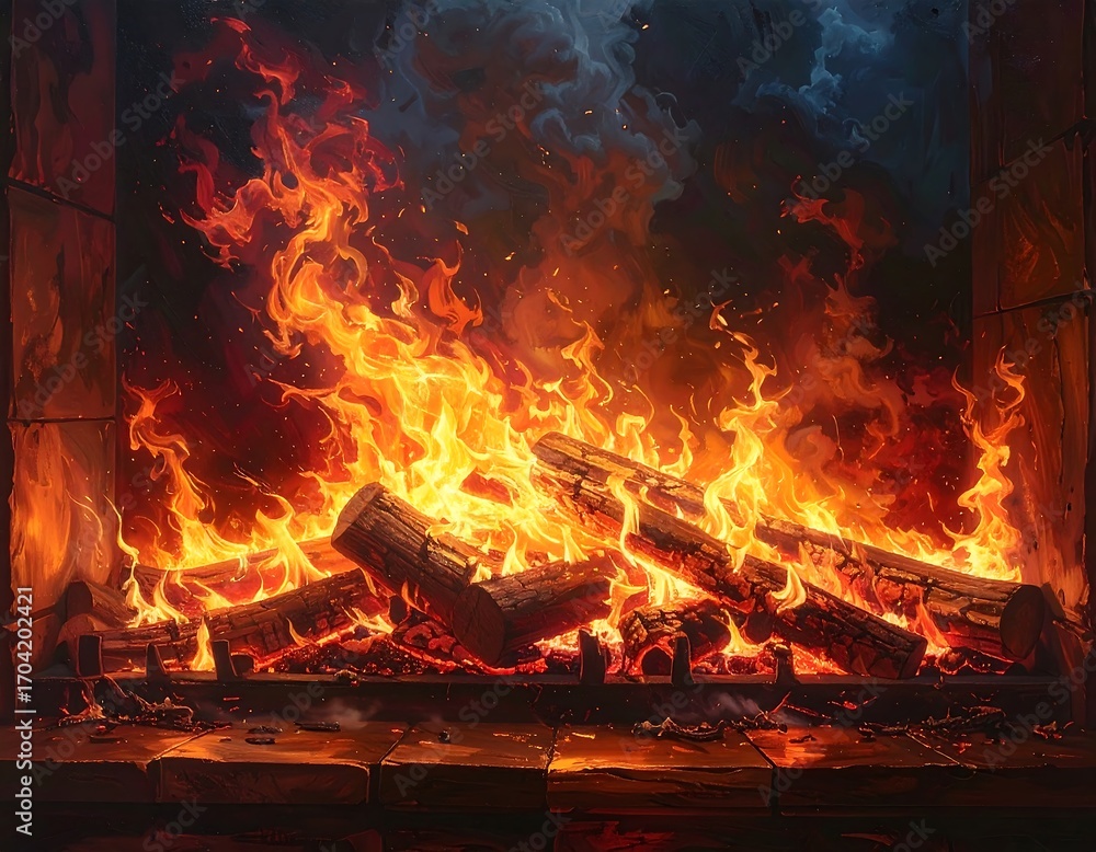 Obraz premium Fiery logs in a stone fireplace