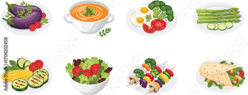 Healthy vegetable meals including roasted eggplant, soups, salads, grilled vegetables, wraps, skewers, breakfast plates, flat design, vector art, CAD drawing food illustration