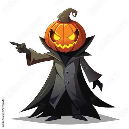 Menacing pumpkin headed figure in a dark cloak illustration