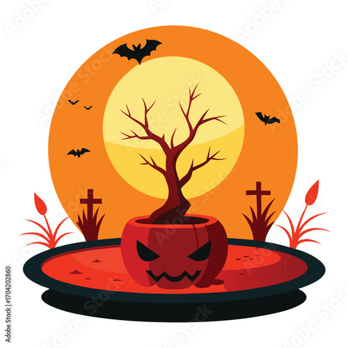 Minimalist halloween illustration with a grinning character