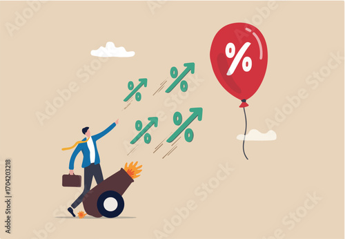 Inflation reduction act by FED, Federal Reserve and central bank to raise interest rate, monetary policy to control inflation, businessman banker shooting interest rate cannon at inflation balloon.