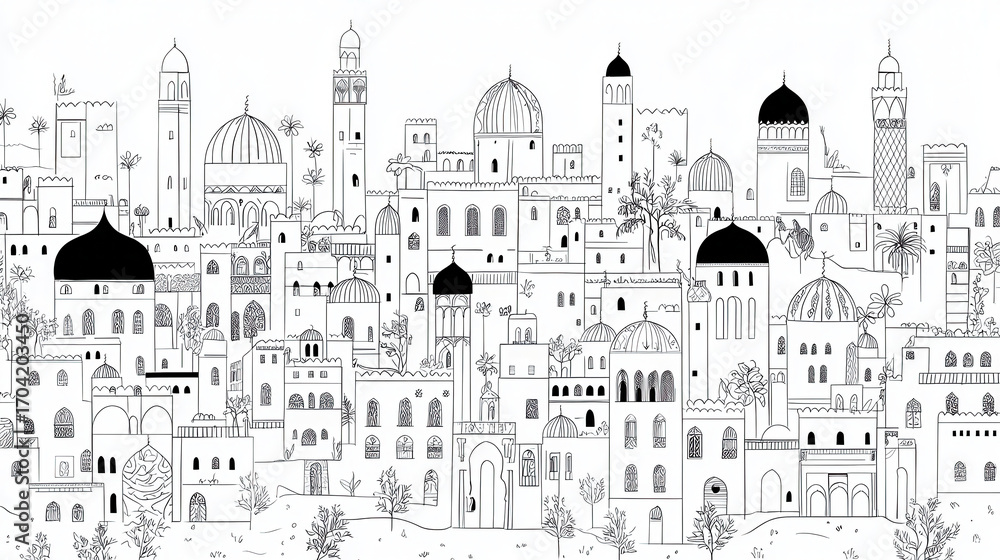 Obraz premium Detailed black and white illustration of cityscape featuring various architectural styles, domes, and towers, surrounded by trees and plants