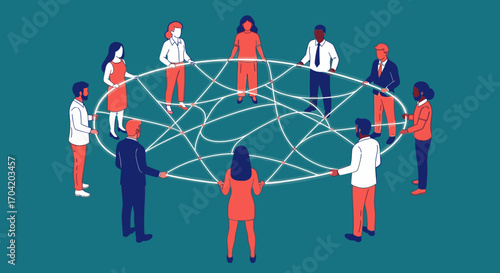 A diverse group of business people stand in a circle holding a complex web, symbolizing connection, teamwork, and networking.