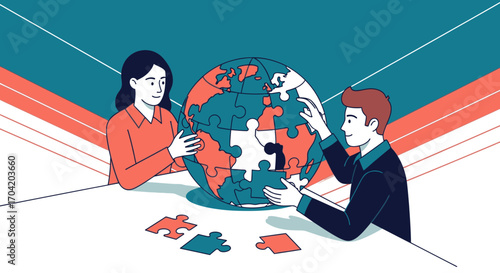 Illustration of a man and woman working together to assemble a jigsaw puzzle of the world globe, symbolizing collaboration and global solutions.