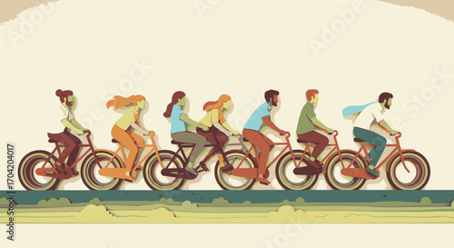 A diverse group of seven men and women enjoy a leisurely bike ride together in a single file line.