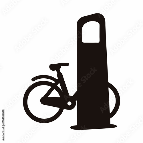 Black and white bicycle with repair stand, illustration of bike repair