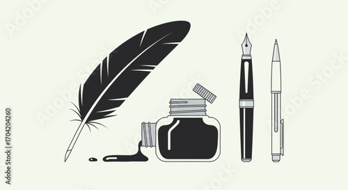An illustration showing the evolution of writing tools, from a quill and inkwell to a fountain pen and modern pen.
