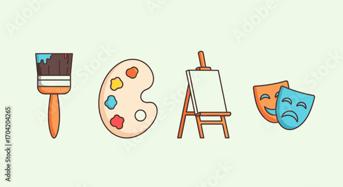 A collection of four artistic icons: a paintbrush, a painter's palette, an easel with a blank canvas, and theatrical masks.