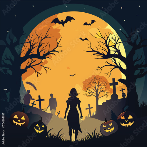 Spooky halloween night graveyard scene with tombstones and moon