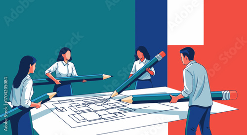 A team of professionals collaborates on an architectural blueprint, using oversized pencils to draw the design together.