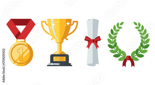 A collection of award icons: a gold medal, a trophy cup, a diploma, and a laurel wreath.