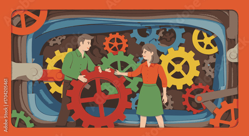 A man and a woman work together as a team, turning colorful gears inside a complex mechanical system.