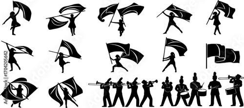 Color guard svg, Color guard flag svg, Marching band flag svg, Color guard rifle svg, Color guard sabres svg, Color guard silhouette, Color guard flag silhouette, Marching band flag silhouette