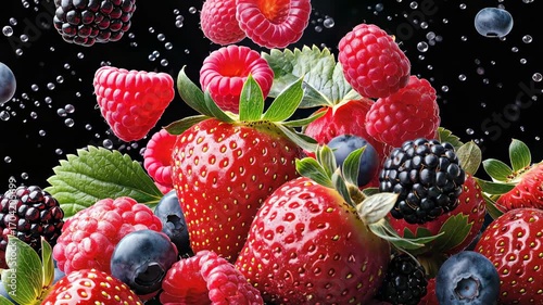 Strawberries, blueberries, raspberries and blackberries with water droplets, slowly falling on a dark background