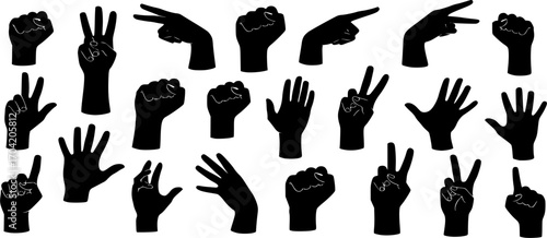 Many hands silhouettes, Raised hands vector silhouettes set