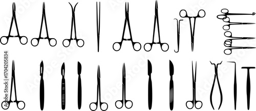 surgical instruments silhouette, Surgical forceps silhouette, Surgeon instruments silhouettes, Medical forceps silhouette set