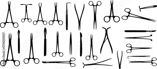 surgical instruments silhouette, Surgical forceps silhouette, Surgeon instruments silhouettes, Medical forceps silhouette set