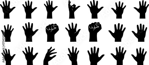 Many hands silhouettes, Raised hands vector silhouettes set