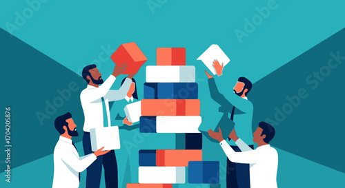 A team of businessmen building a tower with colorful blocks, symbolizing teamwork, collaboration, and strategic project development.