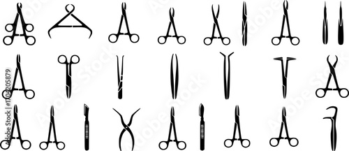 surgical instruments silhouette, Surgical forceps silhouette, Surgeon instruments silhouettes, Medical forceps silhouette set