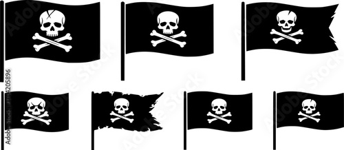 pirate flag with a skull and crossbones silhouette, skull and crossbones flag silhouette set