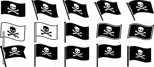 pirate flag with a skull and crossbones silhouette, skull and crossbones flag silhouette set