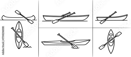vector boat with paddle line art, black outline, set