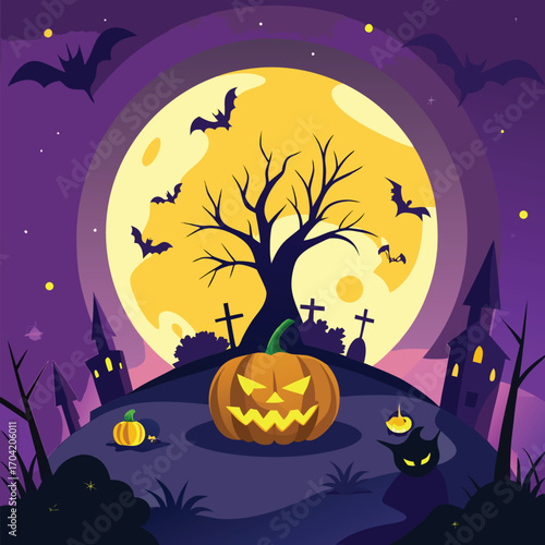 Spooky halloween night scene with grinning jack o lantern