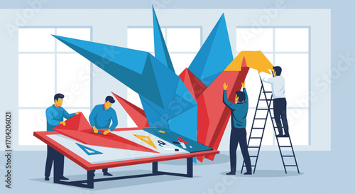 A collaborative team of people working together to construct a large, colorful, abstract origami sculpture.