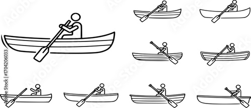 vector boat with paddle line art, black outline, set
