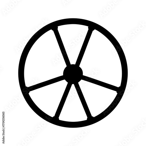 Simple black and white illustration of a wheel with six spokes