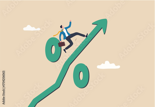 Success investment in interest rate rise or inflation increase, survive and growth in economic situation, sales or stock market investing concept, businessman investor running up on percentage graph.
