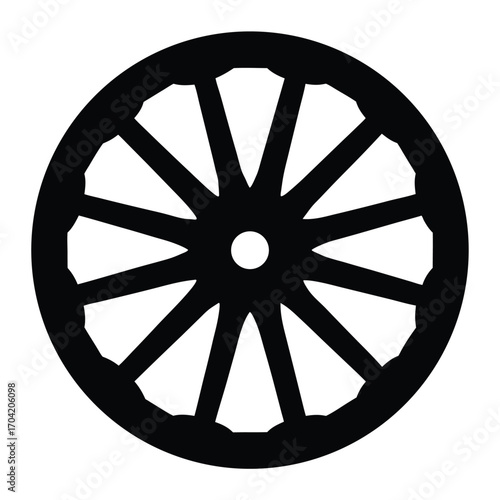 A Black and White Simple Silhouette of a Wagon Wheel with Spokes