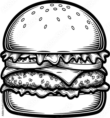 burger engraving black and white outline